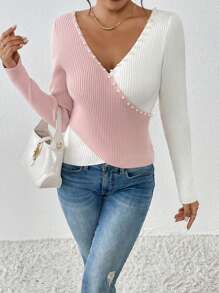 SHEIN Clasi Women's Elegant Commute Daily Ballet Style Slim Fashion Cross Design Slimming Beaded Detail Party Gathering V-Neck Autumn Winter Pullover Sweater Business Casual Woman,Work Wear,Fall Wedding Guest Dress,