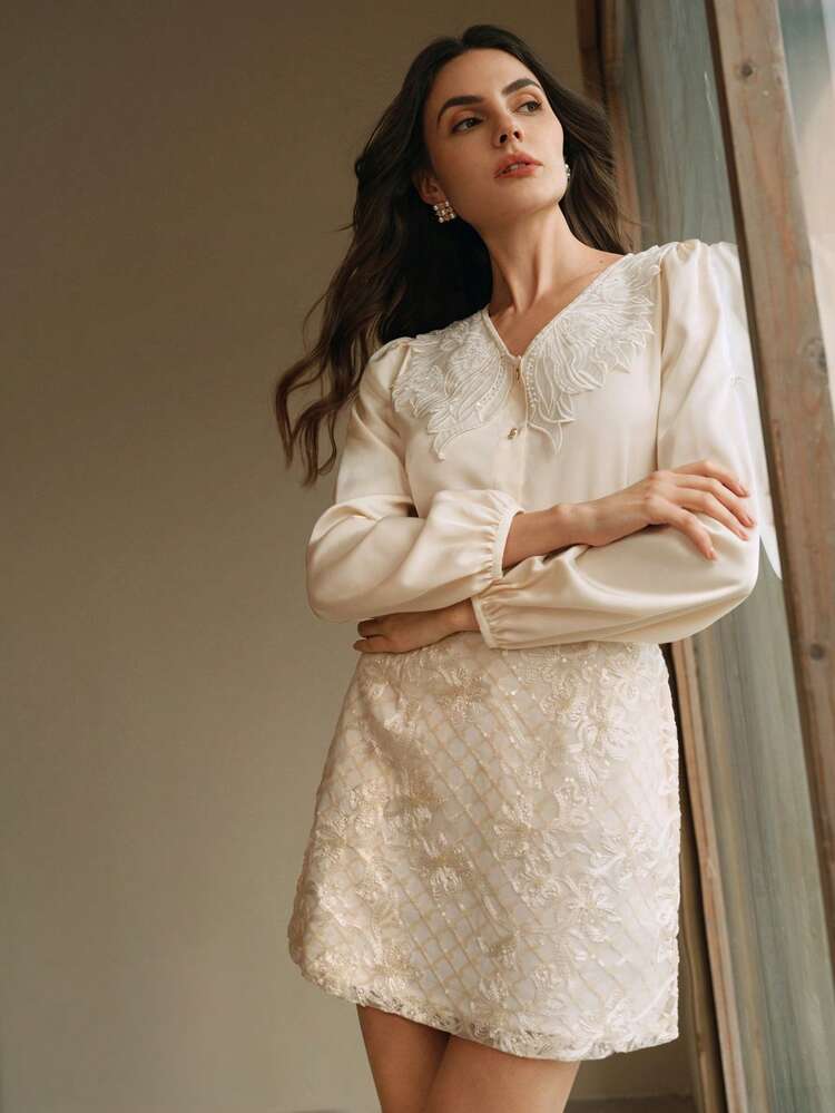 Women's V-Neck Embroidered Ruffle Blouse, Elegant Loose Fit Long Sleeve Shirt