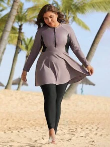 Swim Mulvari Plus Size Long Sleeve Two-Piece Tankini Swimsuit Set Summer - Multicolor - View 6