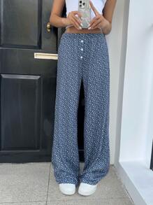 Aloruh Women's Fashionable Ditsy Floral Print Button Decor Loose Wide Leg Pants