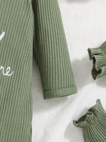 SHEIN Playful Pals 男婴字母印花罗纹圆领长袖连体衣，配同款帽子 - 軍綠色 - 查看 6