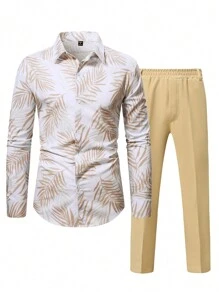 Manfinity RSRT 男士热带植物印花长袖衬衫和西裤休闲两件套，秋季 - 卡其色 - 查看 3
