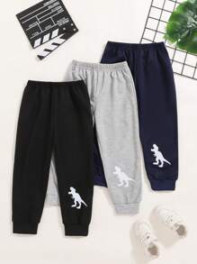 3 件套年轻男孩可爱恐龙印花休闲百搭运动裤，适合秋冬季 - 彩色 - 查看 1