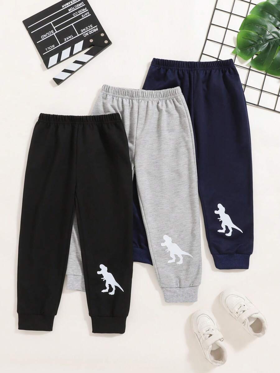 3 件套年轻男孩可爱恐龙印花休闲百搭运动裤，适合秋冬季 - 彩色 - 查看 1