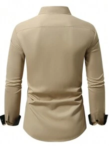 Manfinity Mode Men's Casual Formal Shirt, Simple And Fashionable For Everyday Wear, For Fall, Long Sleeve Top, Ceremony - Khaki - View 2