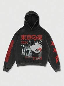 ROMWE MEN Street Life Men's Gothic Anime Cartoon Character Printed Washed Distressed Hoodie - Black - View 1