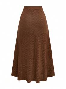 SHEIN LUNE 2pcs/Set Plus Size Solid Color Front Zipper Long Sleeve Cable Knit Sweater And Skirt - Coffee Brown - View 6