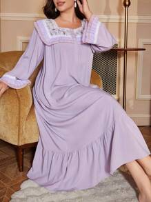 Váy ngủ dài tay cổ vuông viền ren dày cỡ lớn cho phụ nữ cỡ lớn - Màu tím hoa cà - Xem 1