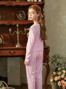 2 件套女童粉色纯色休闲长袖上衣和裤子家居服套装 - 粉色 - 查看 2