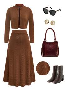 SHEIN LUNE 2pcs/Set Plus Size Solid Color Front Zipper Long Sleeve Cable Knit Sweater And Skirt - Coffee Brown - View 1