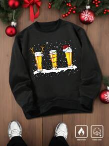 Manfinity Homme Plus Size Men's Casual Christmas Beer Print Sweatshirt Autumn/Winter Christmas Sweatshirt Party Crew Neck Black Graphic Long Sleeve Sweatshirt, For Friends, Husband, Boyfriend Gifts - Black - View 1