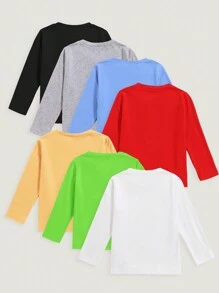 7 sztuk/opakowanie Młodzieżowy Chłopięcy Casual Jednolity Kolor Okrągły Dekolt Długi Rękaw T-shirt, Odpowiedni Na Wszystkie Pory Roku