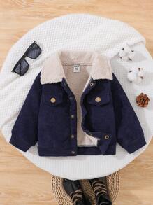 SHEIN Playful Pals Baby Boys Casual Pocketed Lapel Fleece Jacket, For Autumn/Winter