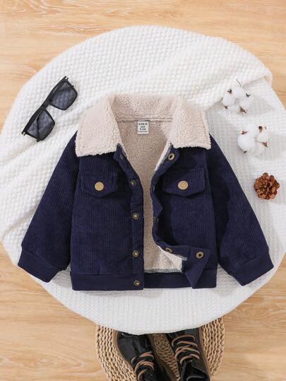 SHEIN Playful Pals Baby Boys Casual Pocketed Lapel Fleece Jacket, For Autumn/Winter