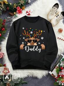 Manfinity Homme Men's Plus Size Casual Letter & Elk Print Round Neck Long Sleeve Pullover Sweatshirt For Autumn/Winter,Christmas Party Crew Neck Black Graphic Sweatshirt, For Friends, Husband, Boyfriend Gifts - Black - View 1