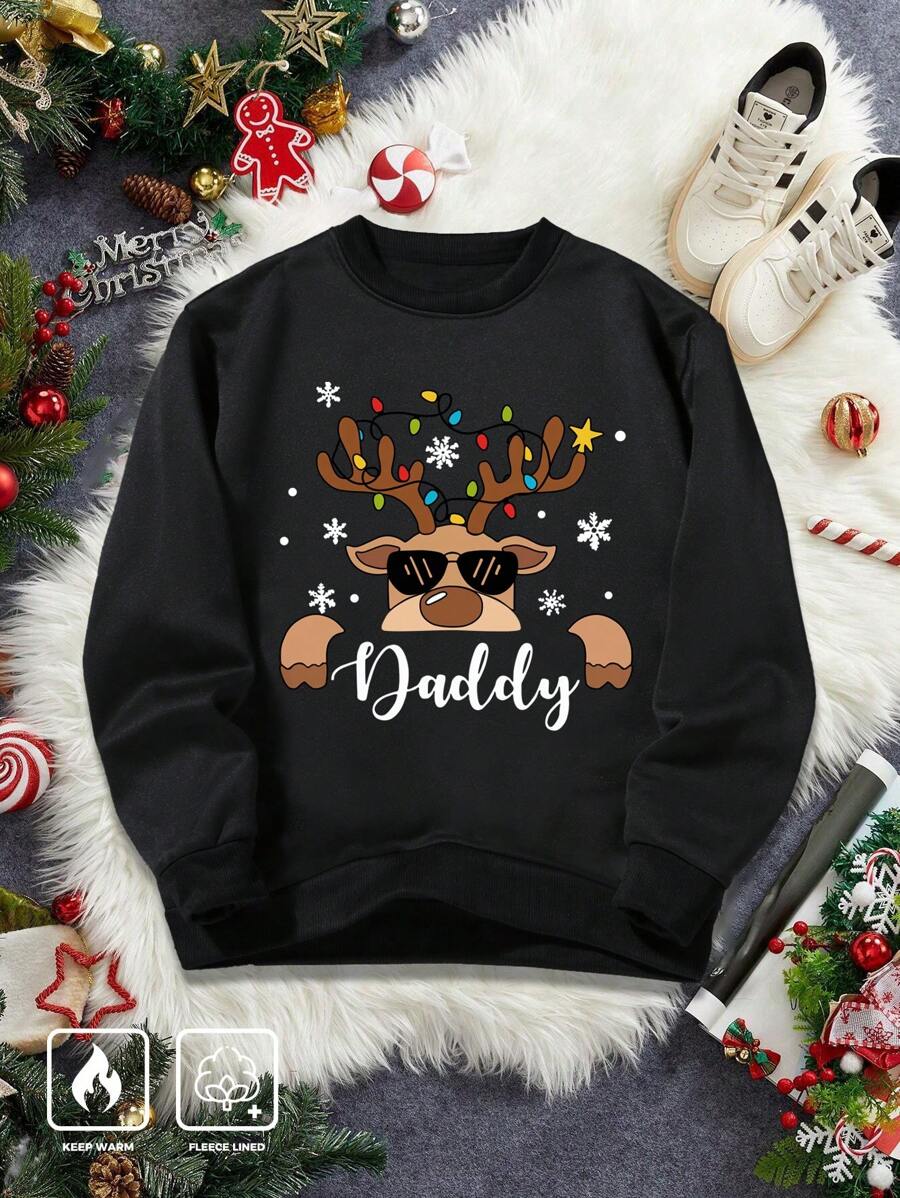 Manfinity Homme Men's Plus Size Casual Letter & Elk Print Round Neck Long Sleeve Pullover Sweatshirt For Autumn/Winter,Christmas Party Crew Neck Black Graphic Sweatshirt, For Friends, Husband, Boyfriend Gifts - Black - View 1