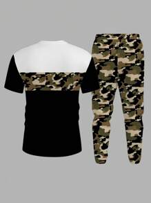 Manfinity Homme Bộ 2 áo thun cổ tròn và quần họa tiết chắp vá ngụy trang thường ngày cho nam - Màu be - Xem 2