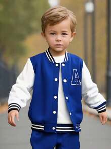 SHEIN 年轻男孩时尚单排扣开衫夹克，针织立领，印有英文字母图案，撞色罗纹袖口和下摆，适合搭配牛仔裤和休闲运动裤，展现休闲运动风格，适合日常穿着、上学、运动、度假、度假、旅行、放松、日光浴、夏季 - 藍色 - 查看 3