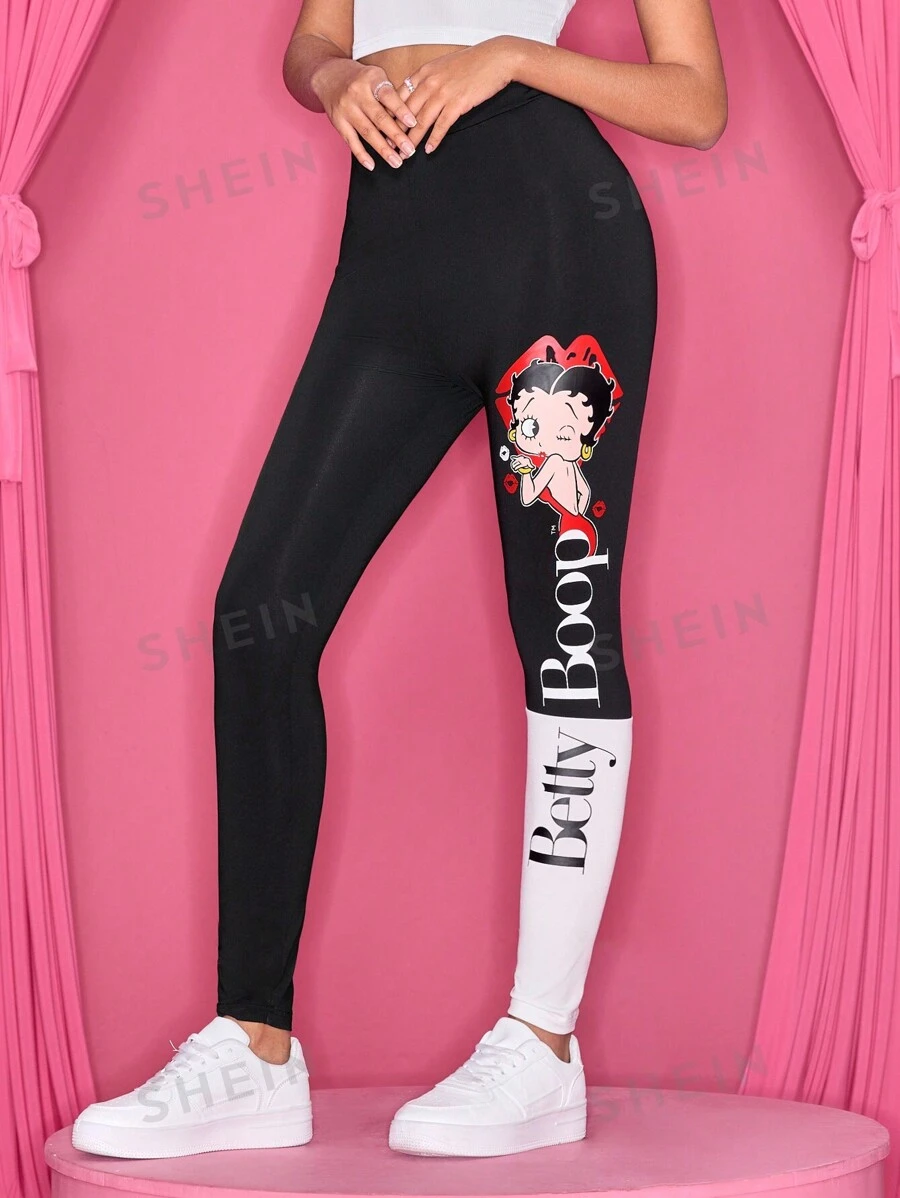 Betty Boop x SHEIN Leggings de mujer con estampado de letras de dibujos animados, para Navidad