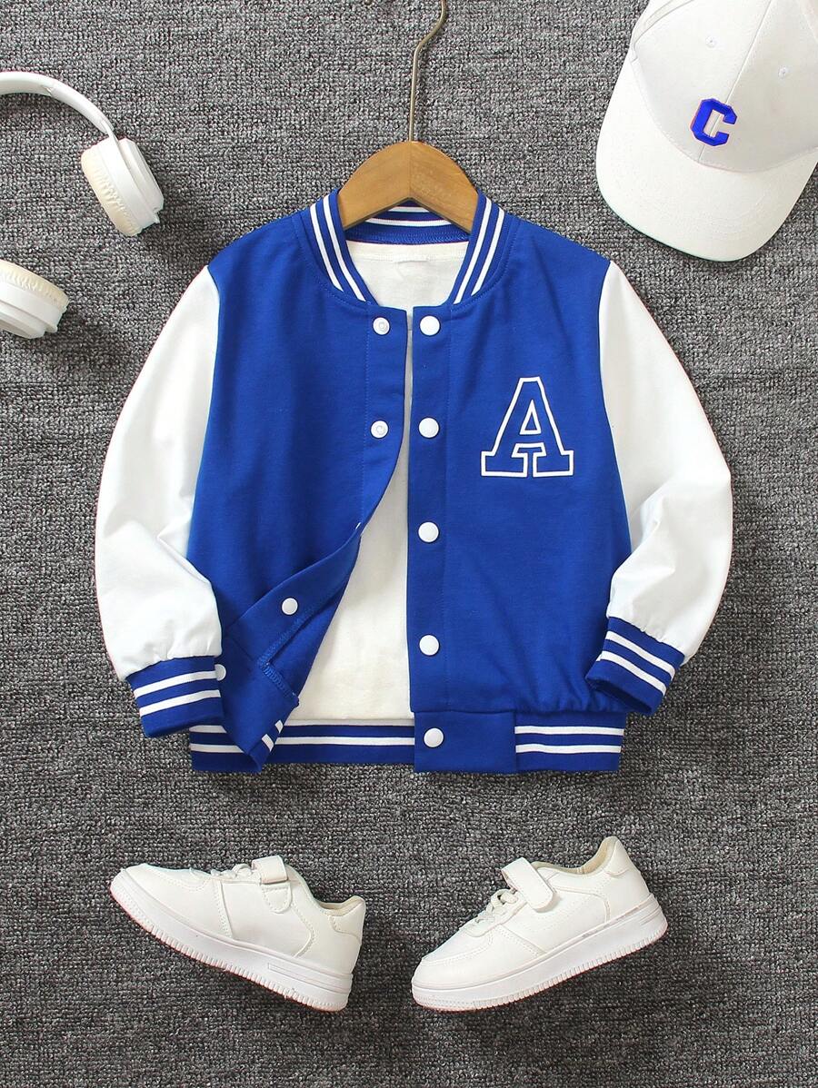 SHEIN 年轻男孩时尚单排扣开衫夹克，针织立领，印有英文字母图案，撞色罗纹袖口和下摆，适合搭配牛仔裤和休闲运动裤，展现休闲运动风格，适合日常穿着、上学、运动、度假、度假、旅行、放松、日光浴、夏季 - 藍色 - 查看 1