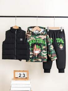 Young Boy Cartoon & Camo Print Hooded Sweater + Letter Graphic Zip-Up Vest + Elastic Waist Jogger Pants 3pcs Set