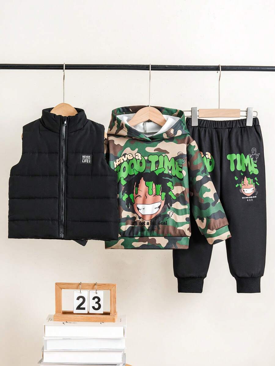 Young Boy Cartoon & Camo Print Hooded Sweater + Letter Graphic Zip-Up Vest + Elastic Waist Jogger Pants 3pcs Set