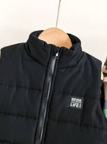 Young Boy Cartoon & Camo Print Hooded Sweater + Letter Graphic Zip-Up Vest + Elastic Waist Jogger Pants 3pcs Set