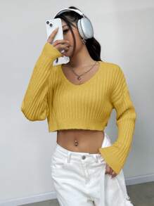 Flirla 纯色V领休闲套头长袖针织衫，秋冬季款 - 黃色 - 查看 6