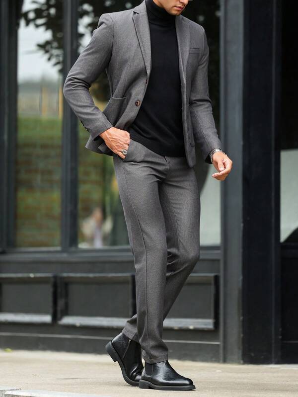 Manfinity Bizformal 2 pièces/Set Chemise à manches longues et pantalon casual minimaliste pour hommes avec col cranté, boutons devant et poche