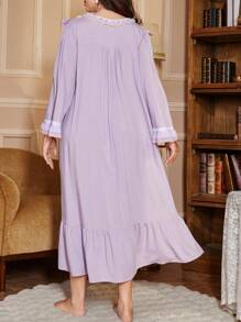 Váy ngủ dài tay cổ vuông viền ren dày cỡ lớn cho phụ nữ cỡ lớn - Màu tím hoa cà - Xem 2