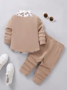 Souflis Souflis 2 件套男婴时尚花卉印花休闲 2 合 1 衬衫式夹克和裤子套装，适合春秋季节