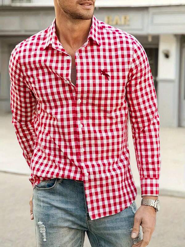 Manfinity Homme Camisa casual de manga larga con botones delanteros e impresión de tartán rojo