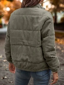 SHEIN LUNE 女士冬季服装夹克 拉链立领保暖内衬休闲日常基本款 - 橄欖綠 - 查看 2