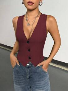 StreetHx 1 chiếc áo khoác blazer mỏng không tay cổ chữ V cài nút phía trước dành cho nữ - Màu Đỏ Sâu - Xem 1