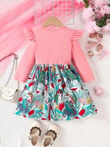 Young Girl Cute Elephant & Floral Embroidery Long Sleeve Dress For Spring & Autumn - Pink - View 2