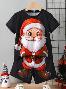 Young Boy Santa Claus Print Short Sleeve T-Shirt And Shorts Set, Adding A Festive Joyful Mood To The Summer Outfit, For Christmas
