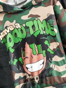Young Boy Cartoon & Camo Print Hooded Sweater + Letter Graphic Zip-Up Vest + Elastic Waist Jogger Pants 3pcs Set