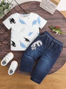 SHEIN 2pcs/Set Baby Boys Fashion Crew Neck Short Sleeve Dinosaur Print T-Shirt, Comfortable Soft Breathable Cartoon Cute Casual Outfit For Daily Wear, With Elastic Waist Jeans Pants, Basic Sportswear Set, Spring New Arrival