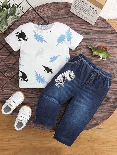 SHEIN 2pcs/Set Baby Boys Fashion Crew Neck Short Sleeve Dinosaur Print T-Shirt, Comfortable Soft Breathable Cartoon Cute Casual Outfit For Daily Wear, With Elastic Waist Jeans Pants, Basic Sportswear Set, Spring New Arrival
