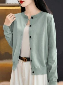 EMERY ROSE Solid Color Front Button Round Neck Casual Versatile Thin Long Sleeve Cardigan Fall Winter Cloth For Women - Army Green - View 6