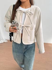 Flirla Thắt lưng nơ trơn màu cho nữ có túi thường ngày đơn giản thời trang - Màu be - Xem 4