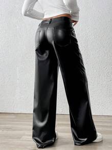 SHEIN PETITE Pantalones de piel de imitación rectos y holgados para mujer de alta calidad que estilizan la figura - Negro - Ver 2