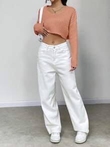 Flirla Casual Solid Color Cropped Sweater, Autumn/Winter Knit Pullover Fall - Orange - View 7