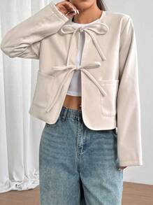 Flirla Thắt lưng nơ trơn màu cho nữ có túi thường ngày đơn giản thời trang - Màu be - Xem 5