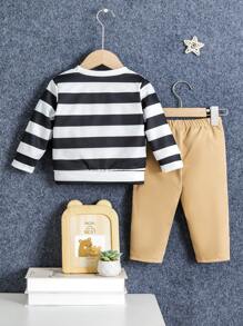 2pcs Baby Boys' Cute Panda Print Striped Jacket & Pants Set, Suitable For Autumn/Winter - Multicolor - View 2