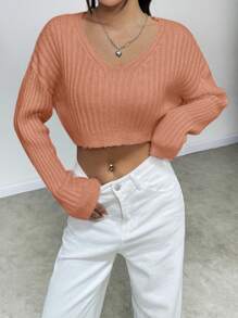 Flirla Casual Solid Color Cropped Sweater, Autumn/Winter Knit Pullover Fall - Orange - View 3