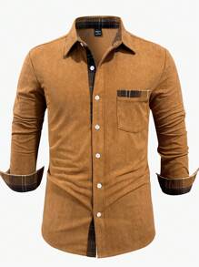 Manfinity Homme Áo sơ mi nam dài tay kẻ caro chắp vá vải nhung kẻ caro thường ngày - Lạc đà - Xem 1