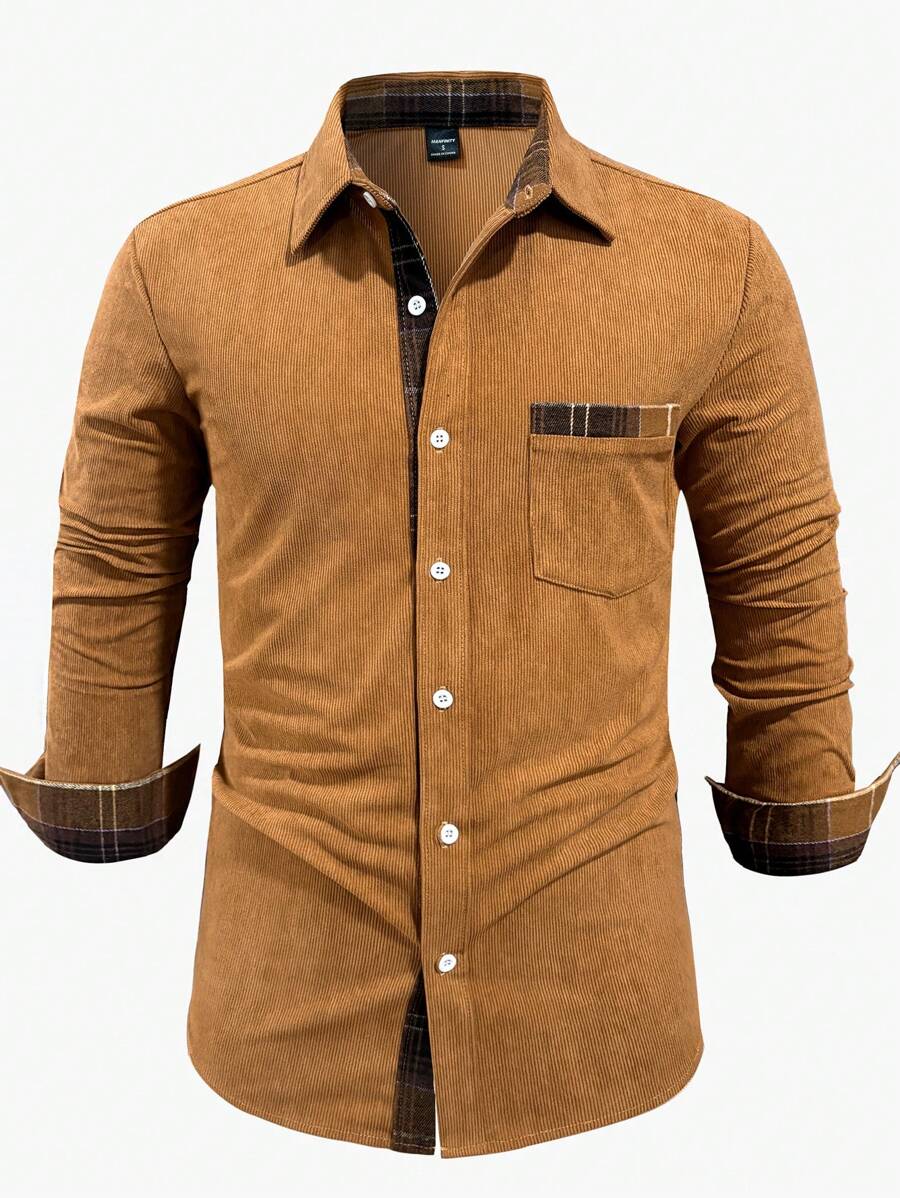Manfinity Homme Áo sơ mi nam dài tay kẻ caro chắp vá vải nhung kẻ caro thường ngày - Lạc đà - Xem 1