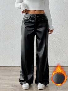 SHEIN PETITE Pantalones de piel de imitación rectos y holgados para mujer de alta calidad que estilizan la figura - Negro - Ver 1