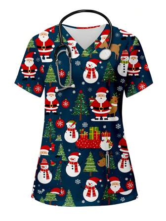 PopScrub Camicetta corta con scollo a V, tasche, e stampa natalizia a cartoni animati, per uniforme di infermiere/medici